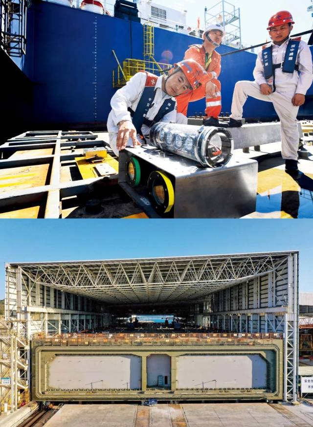 上图：2022年7月22日，在“一航津安1”号沉管运输安装一体船挂载的E19沉管上，测绘团队负责人（左一）为潜水员讲解拆解水下双目摄影定位设备的注意事项。下图：2023年1月30日，中交四航局珠海牛头岛沉管智慧工厂，深中通道海底隧道最后一个管节（非标准管节、含最终接头）。本版图/新华社