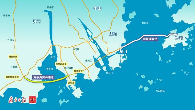黄茅海跨海通道路线图。 南方+招凤仪 制图 黄茅海跨海通道路线图。 南方+招凤仪 制图