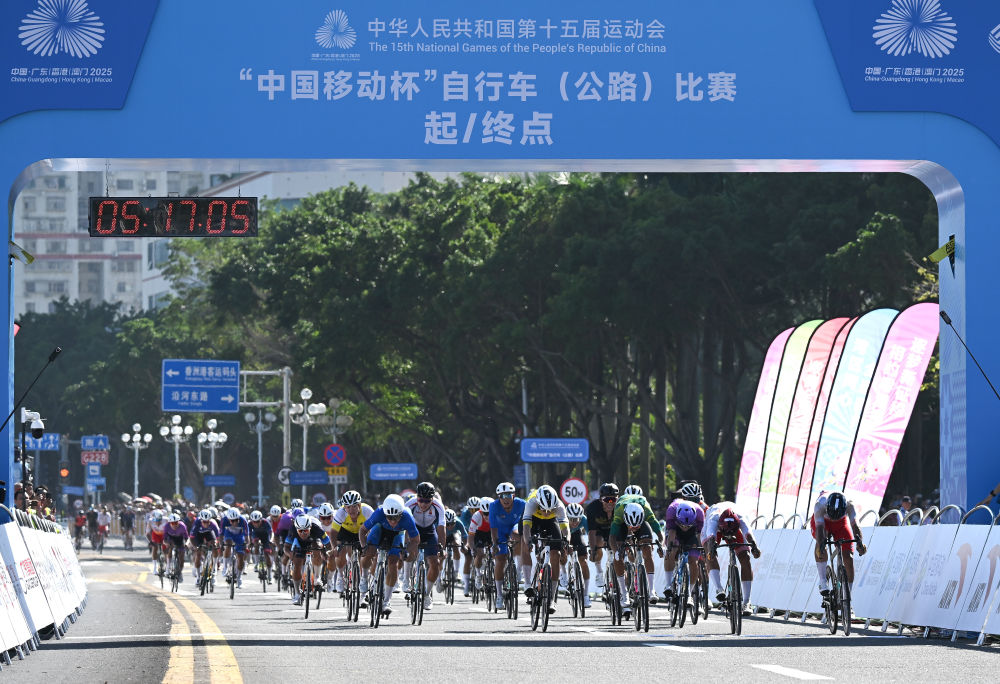 11月8日，第十五届全国运动会公路自行车男子个人赛参赛选手在比赛中冲向终点。新华社记者 连振 摄